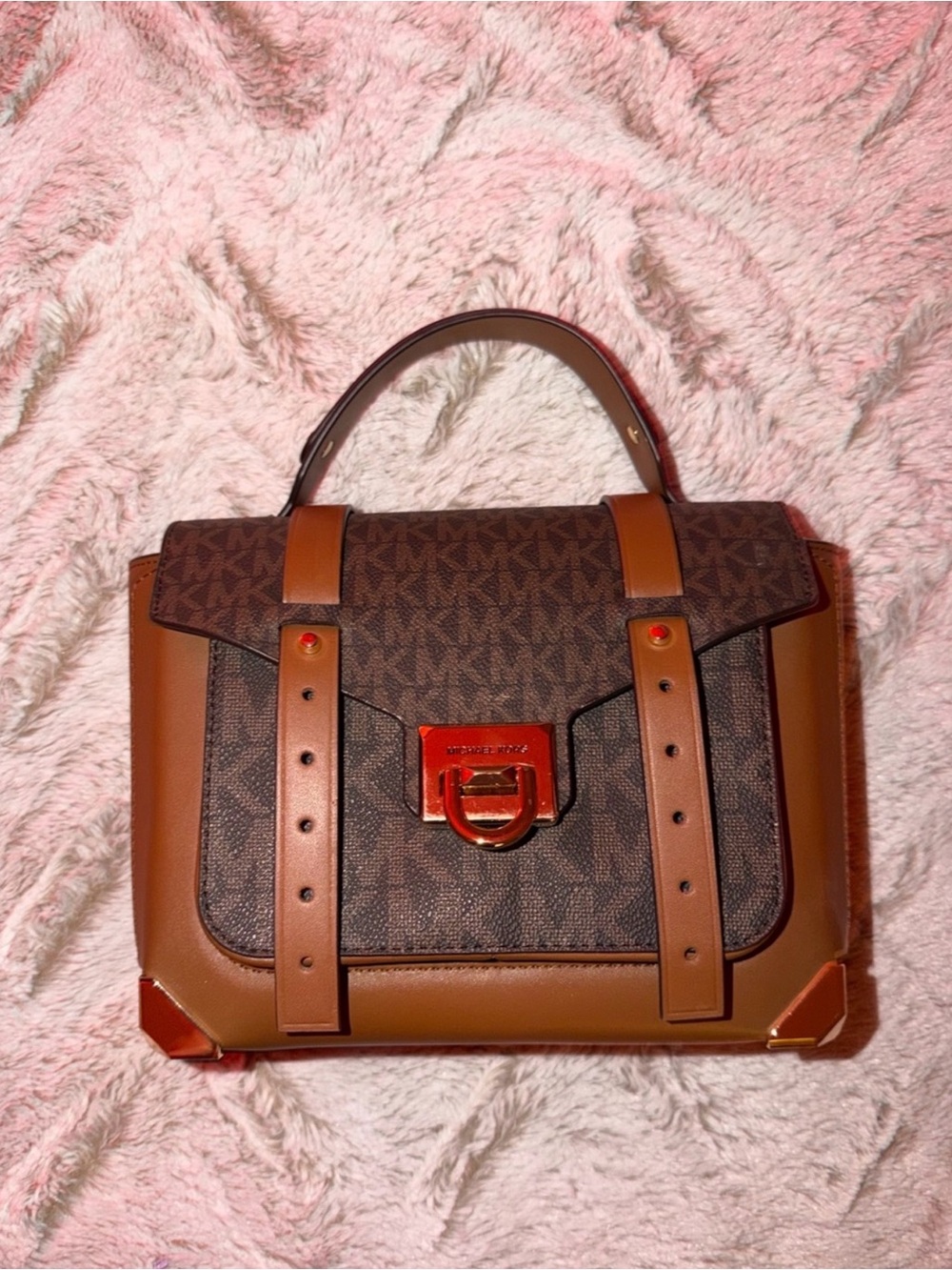 Michael Kors Brown Monogram Structured Satchel with Tan Trim